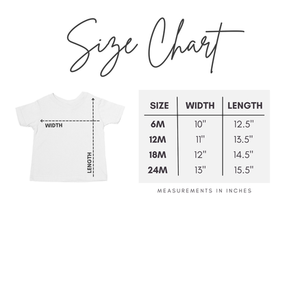 Size chart for children's t-shirts with measurements in inches