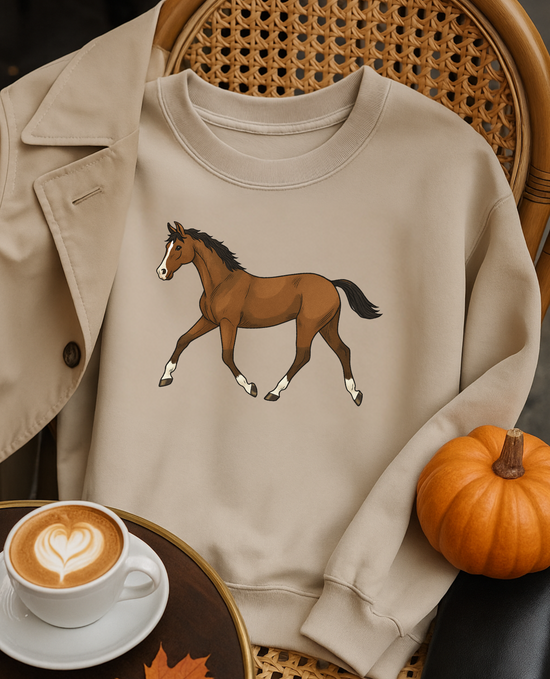 Beige sweatshirt with horse design on a chair next to a pumpkin and coffee cup.