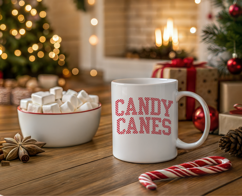 White mug with 'Candy Canes' text on a wooden table with Christmas decorations.