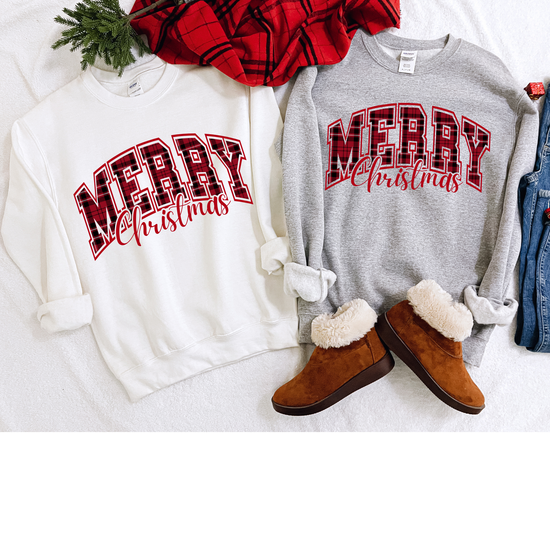 Merry Christmas Plaid Collegiate Sweatshirt | Personalized Sleeve Option