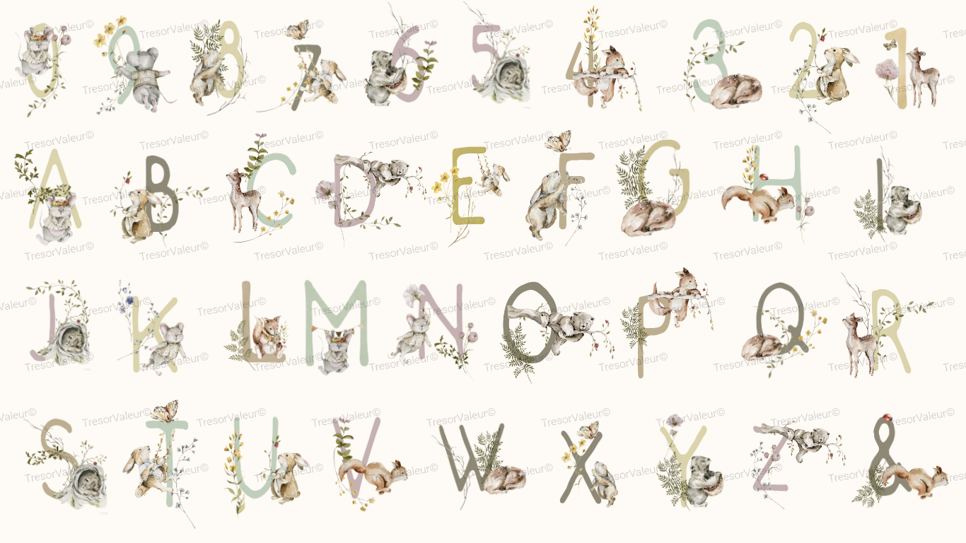 Alphabet letters with animal illustrations on a cream background