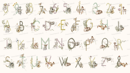 Alphabet letters with animal illustrations on a cream background