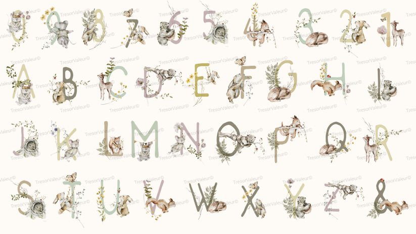 Alphabet letters with animal illustrations on a cream background