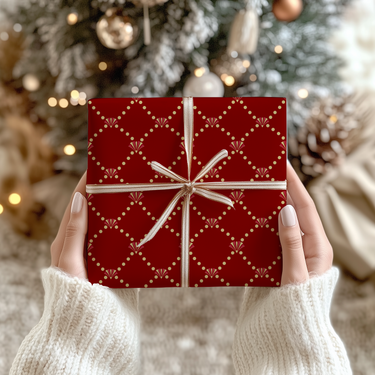 Red and gold art deco elegant patterned gift wrap on a  gift box with white and gold ribbon held by hands in front of a Christmas tree.