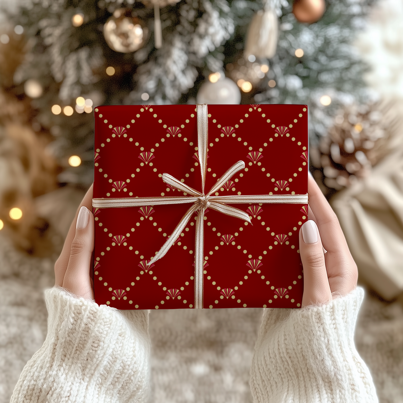 Red and gold art deco elegant patterned gift wrap on a  gift box with white and gold ribbon held by hands in front of a Christmas tree.