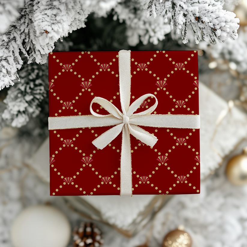 Red and gold elegant art deco patterned wrapping paper on gift box with white ribbon under a decorated Christmas tree