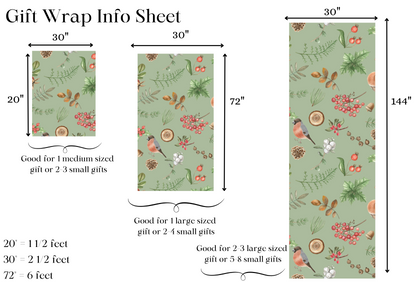 Gift wrap with floral and bird pattern, dimensions, and usage instructions.