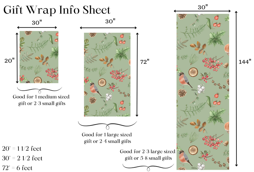 Gift wrap with floral and bird pattern, dimensions, and usage instructions.