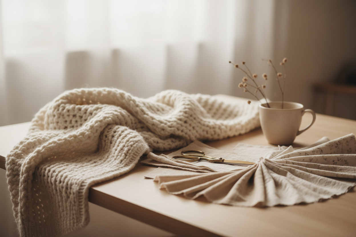 a soft and little bit blurry image in cream tones that shows a creative workspace including knitted blanket, scissors and fabric swatches.