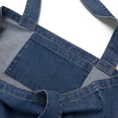 Blue denim tote bag on a white background